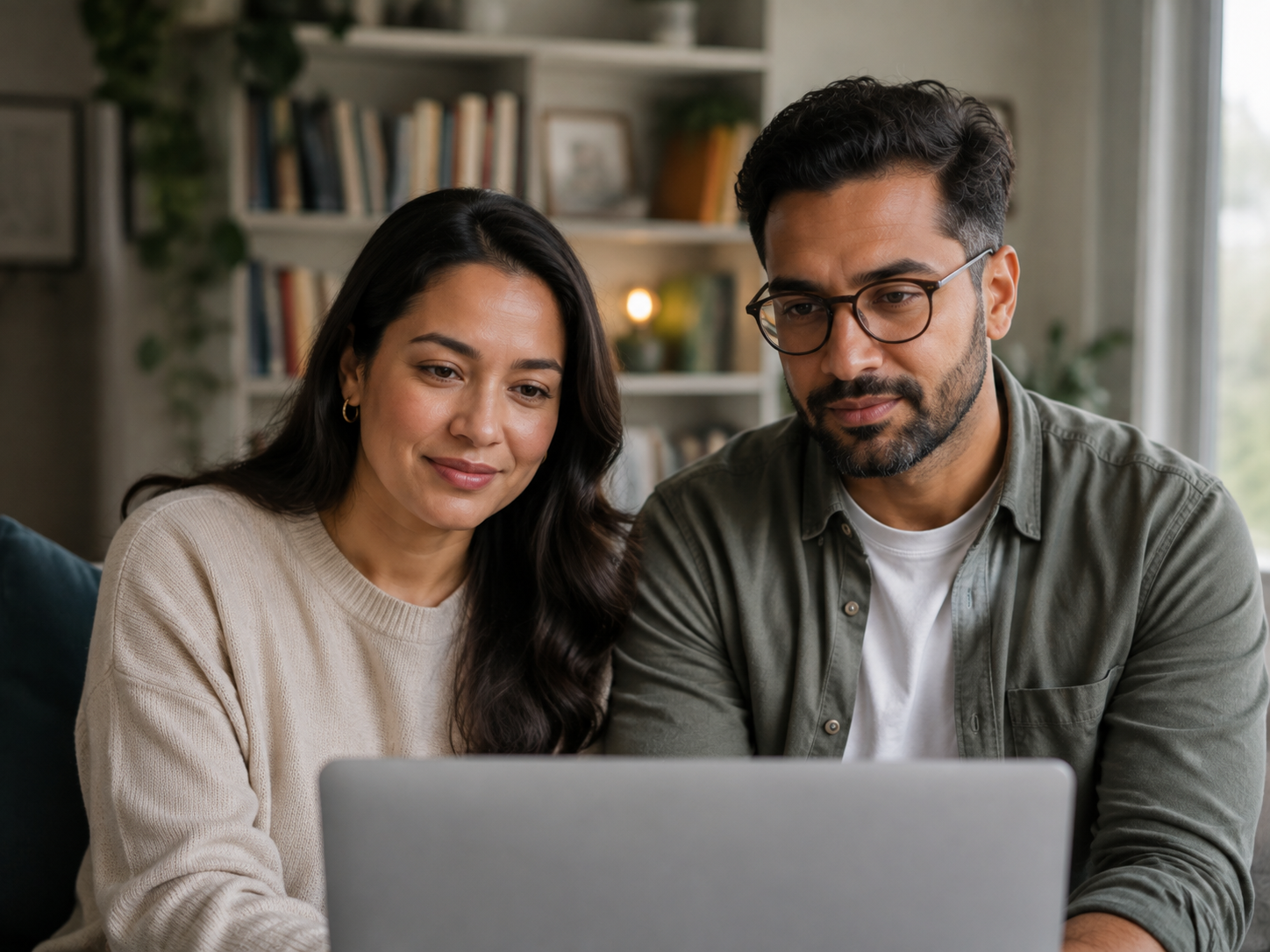 Couple participating together in an online couples therapy session from home