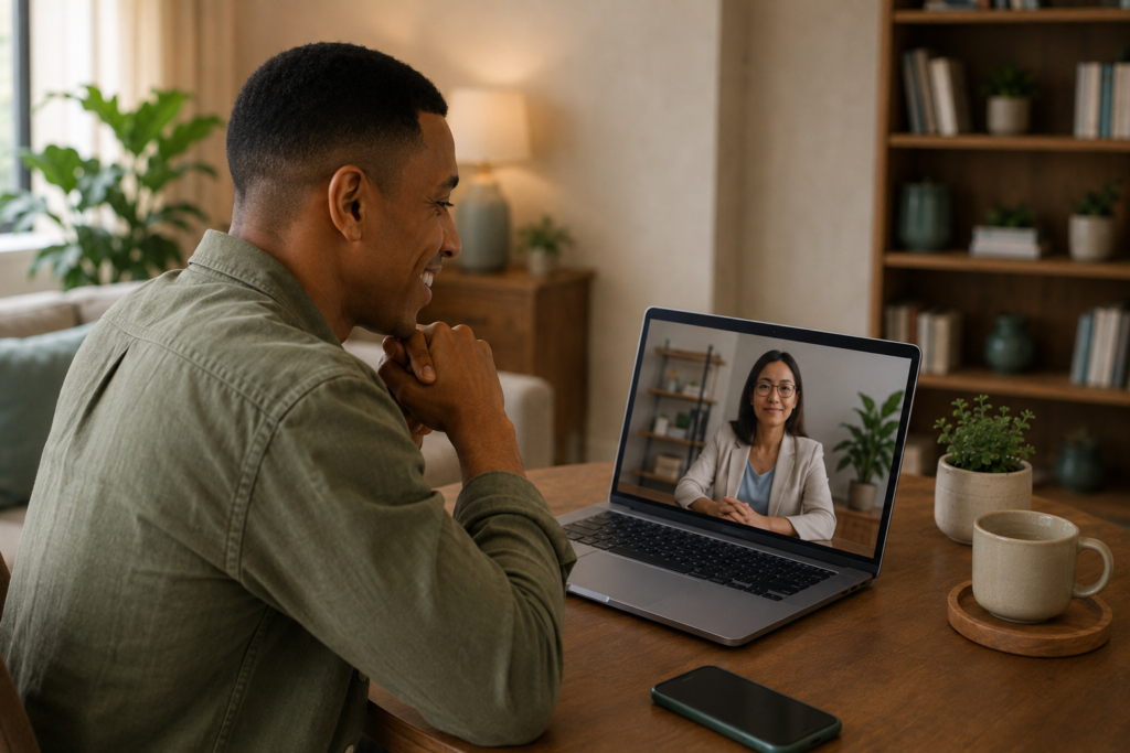 Client attending an individual online therapy session from home