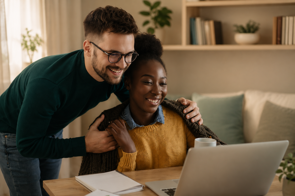 Couple attending online couples therapy from home
